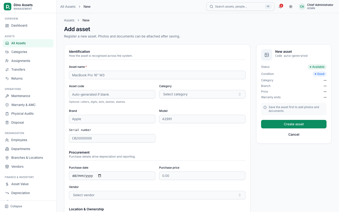 Add asset form with category, cost, vendor and warranty fields