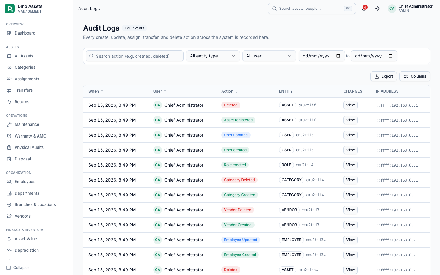 Audit log listing who changed what and when